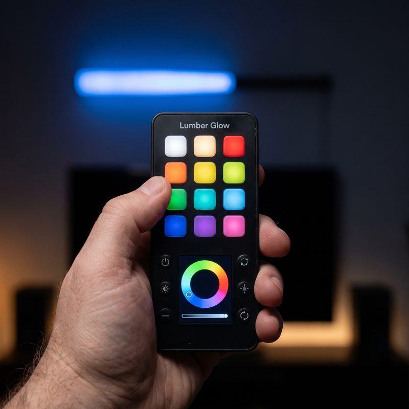 A hand holding the wireless remote showing the twelve colors