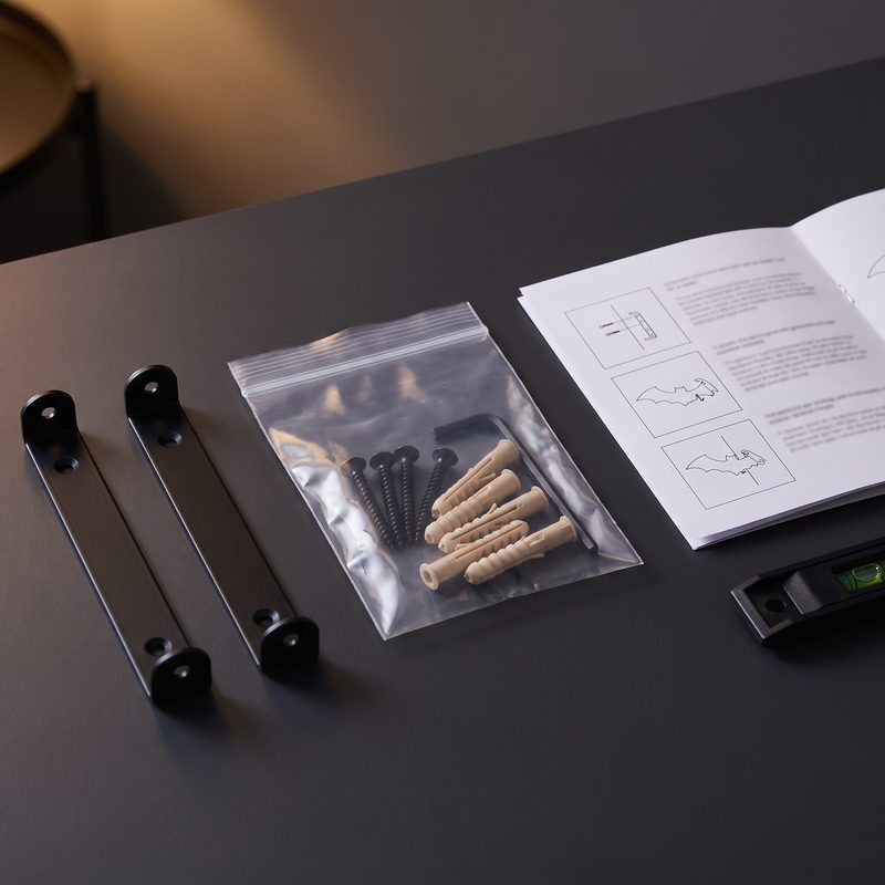 The wall mounts, screws, anchors and printed guide
