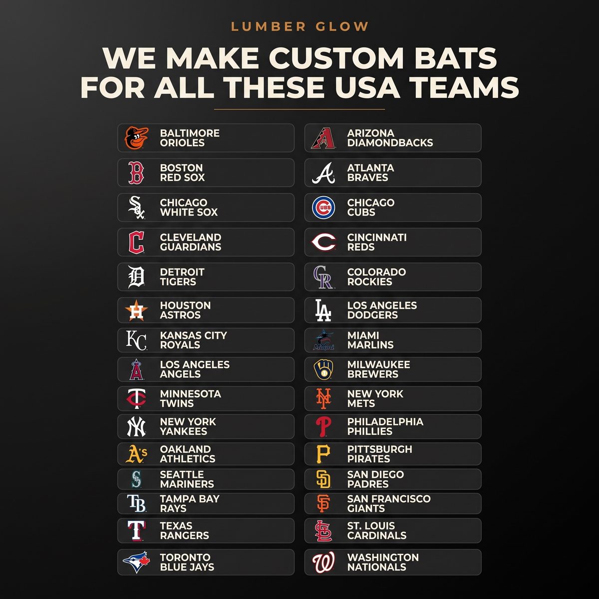 The teams we build custom Lumber Glow bat lamps for